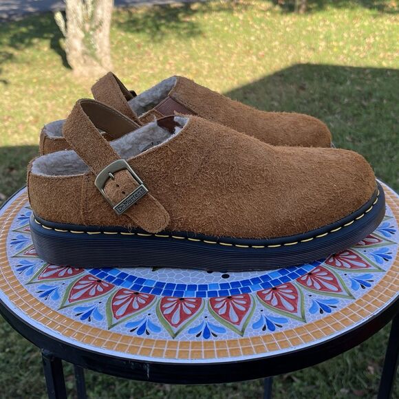 Dr Doc Martens Isham Slingback Mules Mens Sz 11 Faux Shearling Suede Pecan NEW - Picture 4 of 8